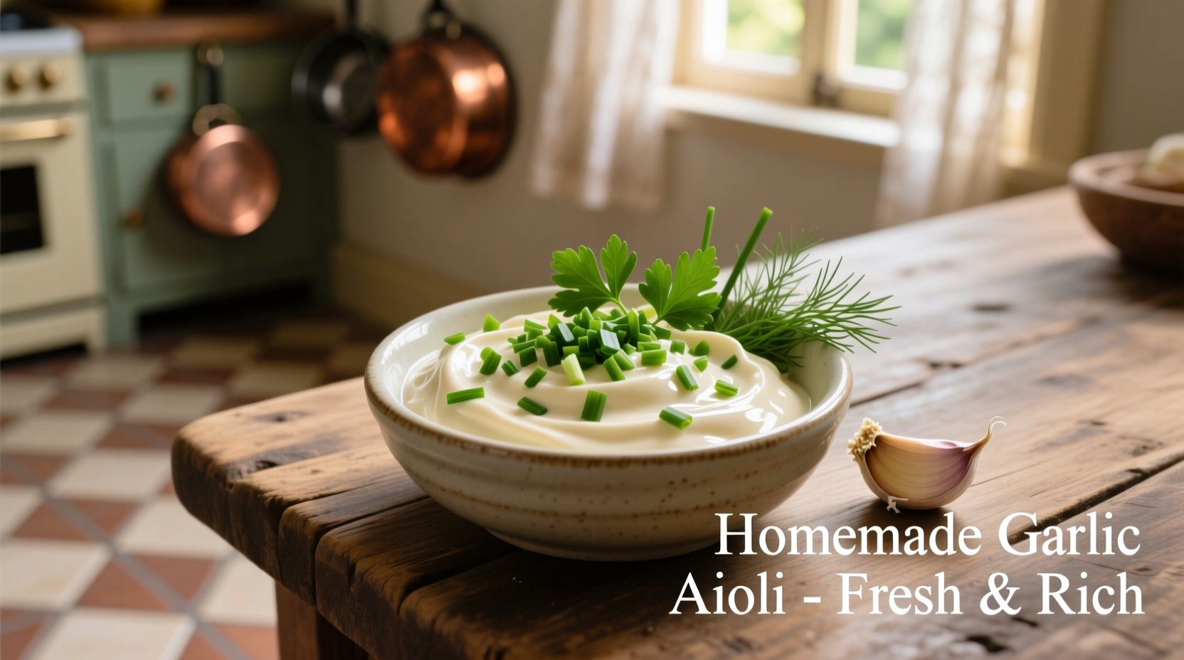 Creamy homemade garlic aioli in a small bowl with fresh herbs