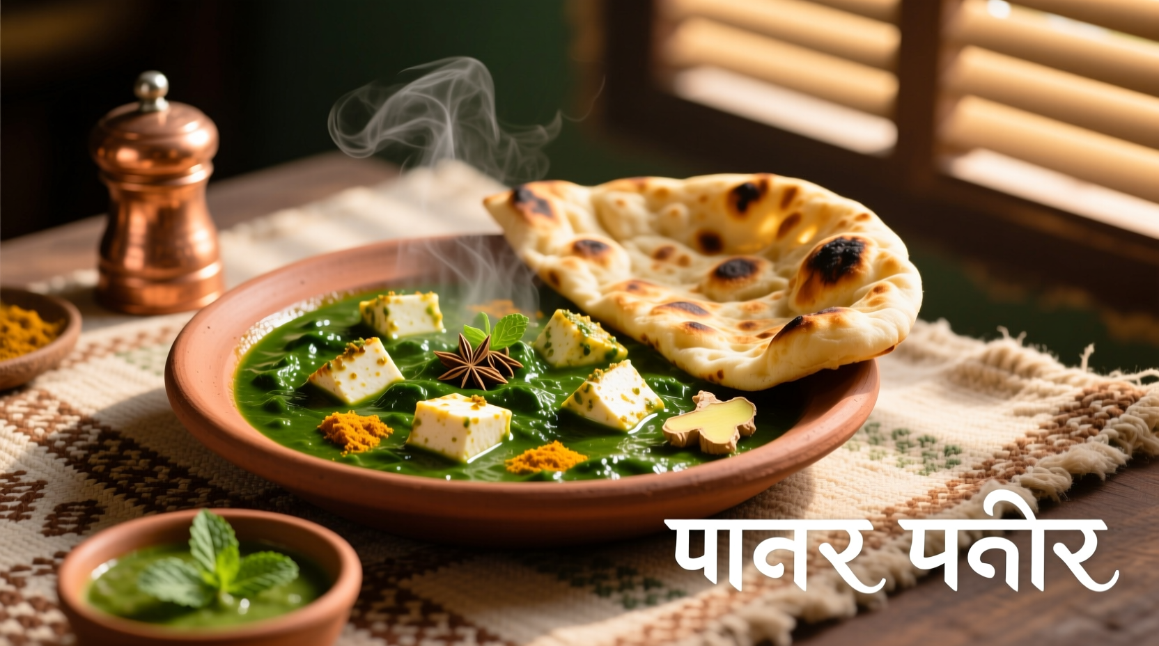 Traditional Indian Palak Paneer served with naan bread