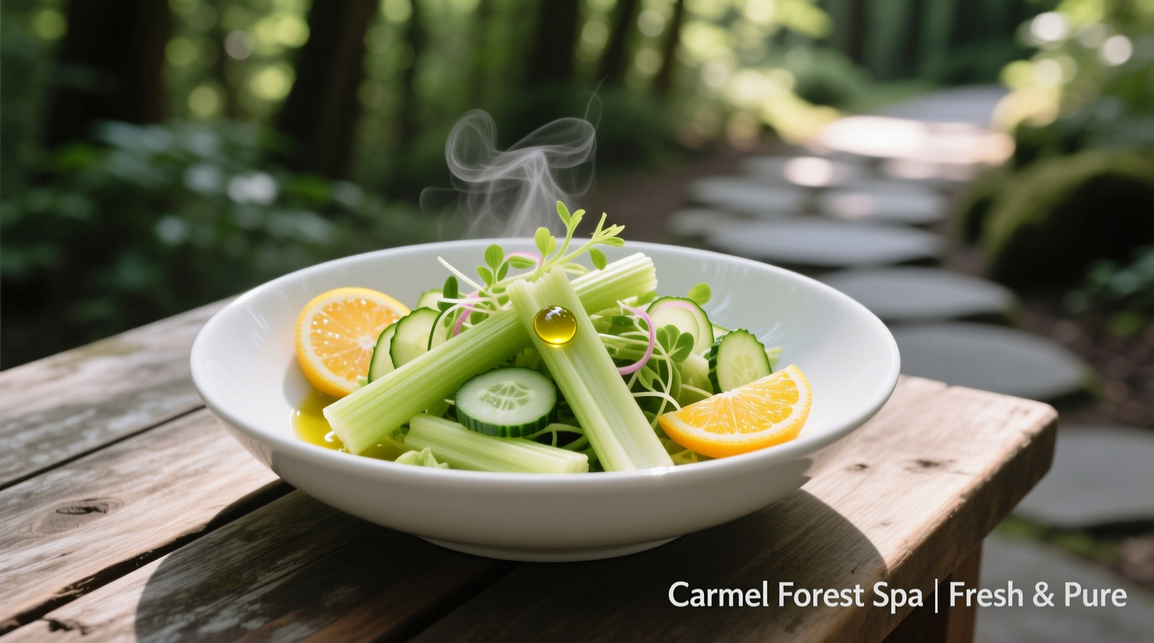 Carmel Forest Spa Celery Salad in white bowl with citrus garnish