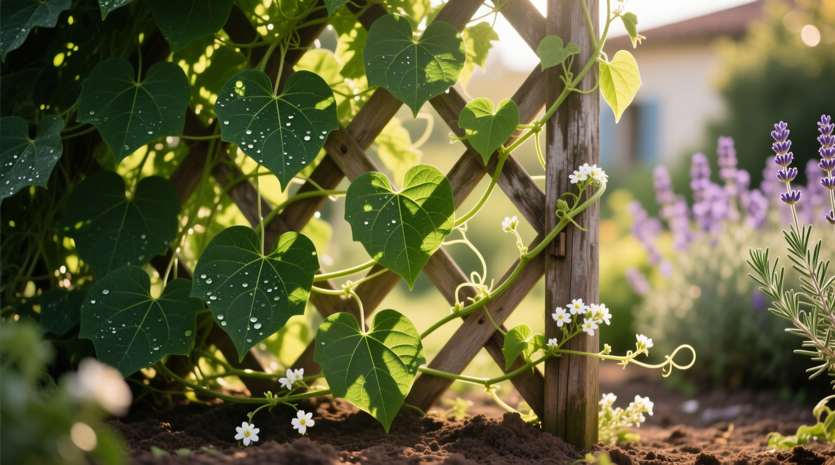 Malabar spinach vine growing on trellis in garden