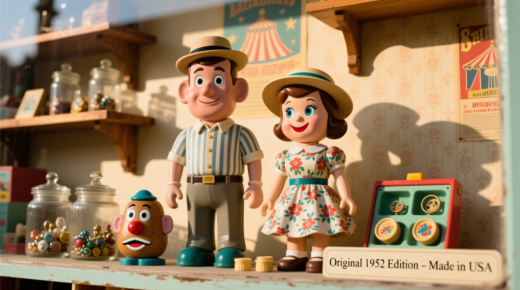 Vintage Mr and Mrs Potato Head toys on display