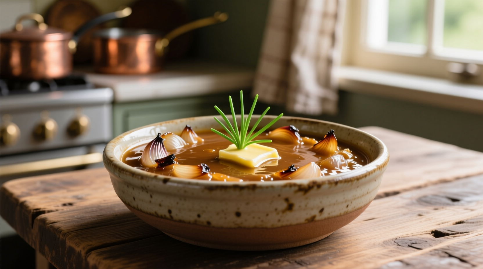 Golden brown warm onion dip in ceramic bowl
