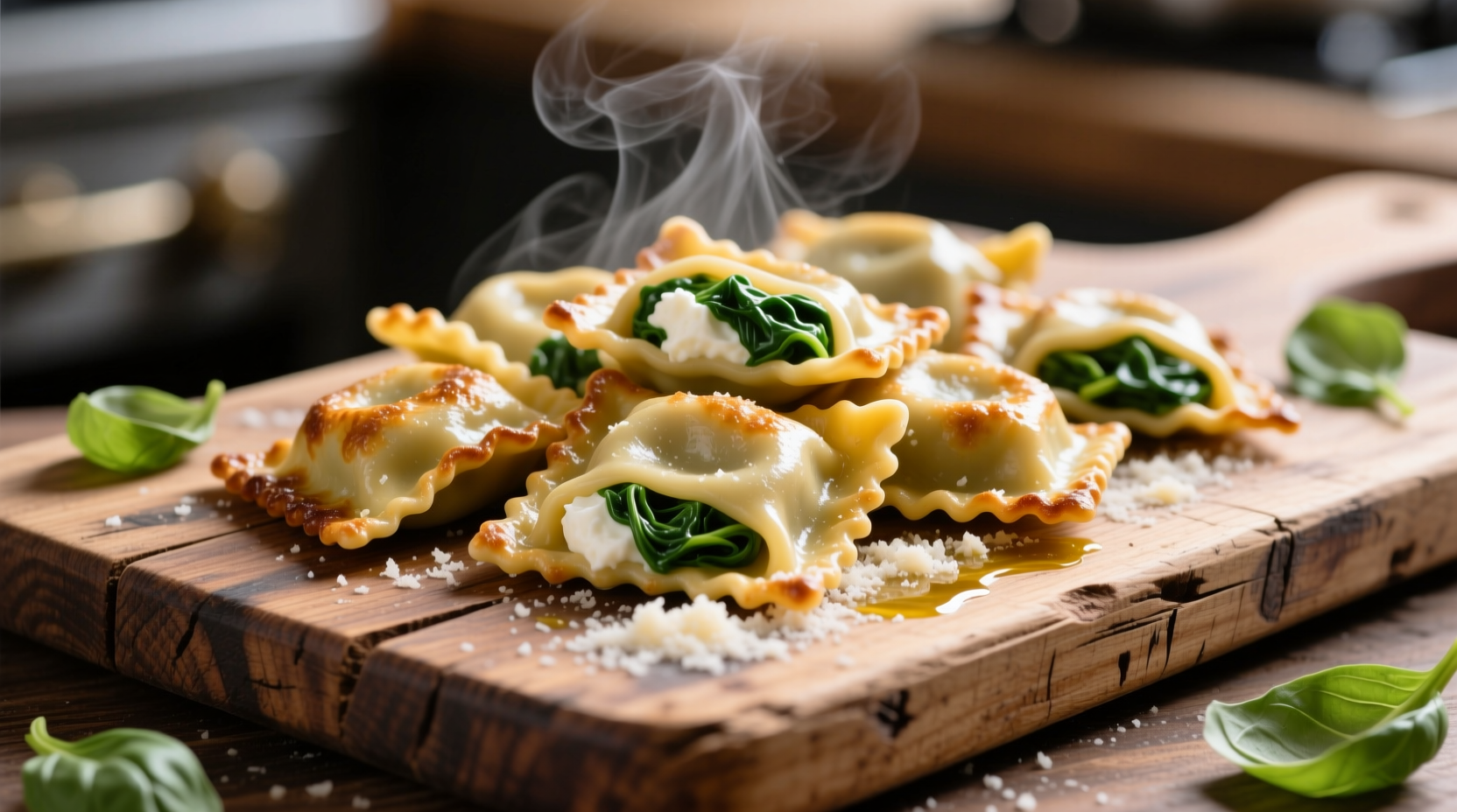 Fresh spinach and ricotta ravioli on wooden board
