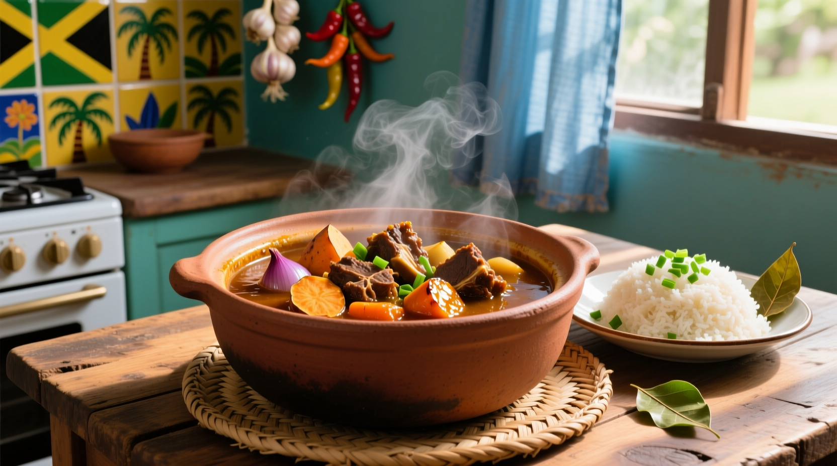 Jamaican oxtail stew in clay pot with rice