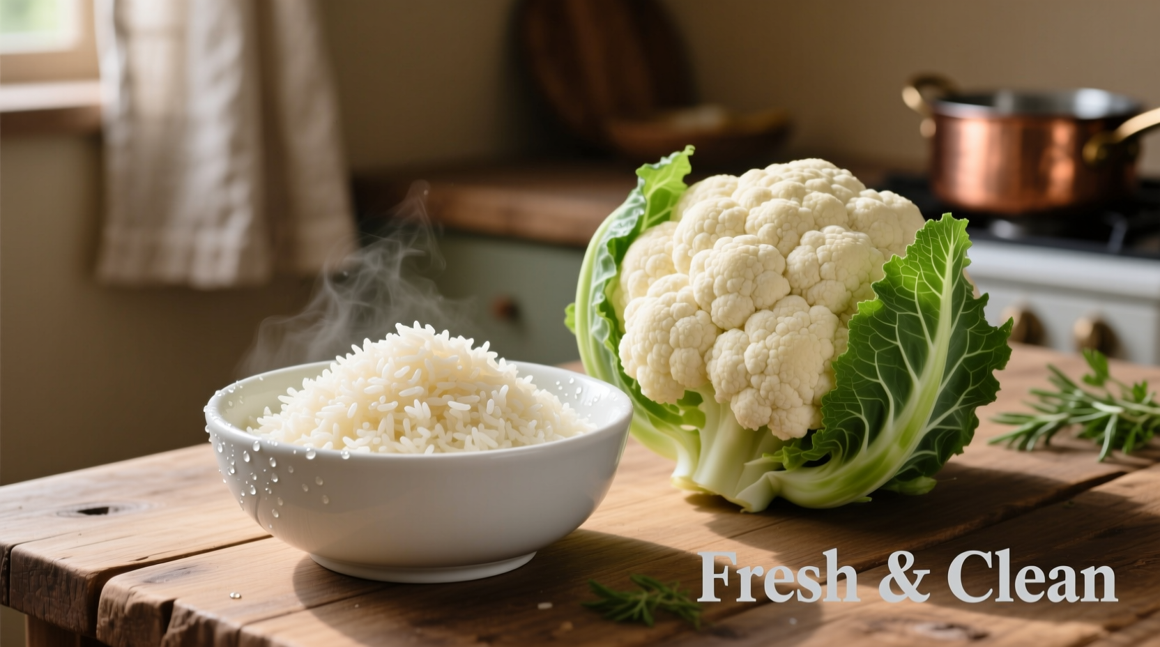 Fresh cauliflower rice in a bowl next to whole cauliflower