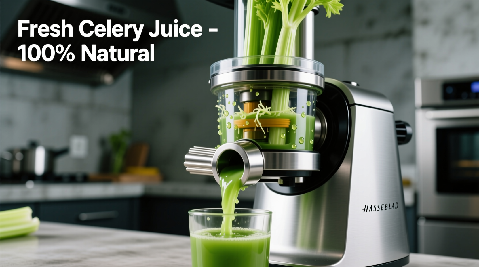 Masticating juicer processing fresh celery stalks