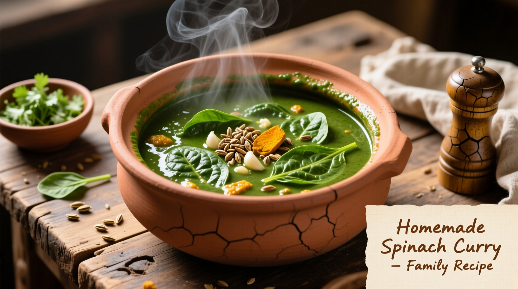 Homemade spinach curry in traditional clay pot