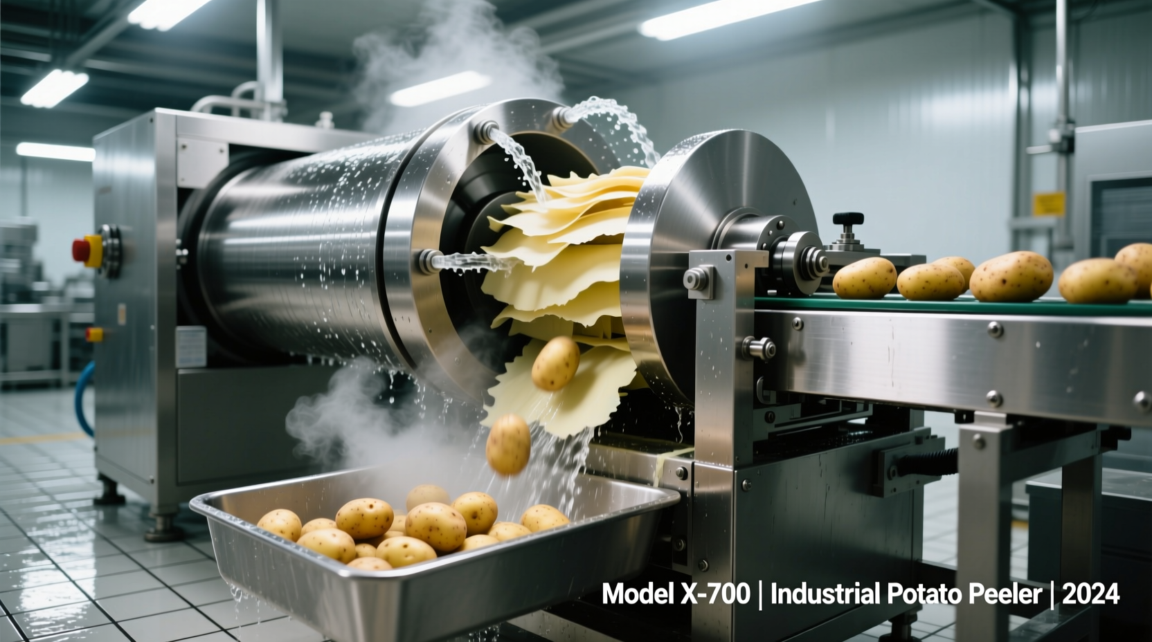 Commercial horizontal potato peeling machine in operation