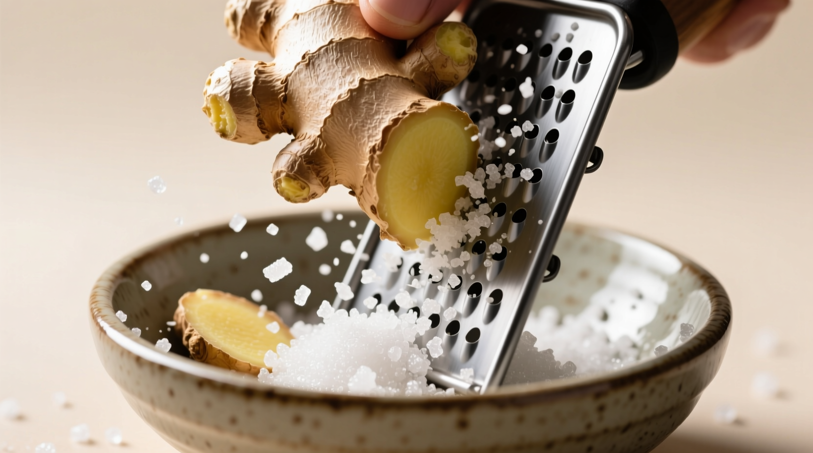 Fresh ginger roots being grated into a ceramic bowl for traditional ginger beer brewing, with sugar crystals visible