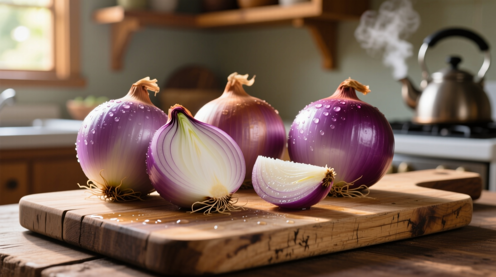 Fresh Hawaiian Sweet Maui onions on wooden cutting board