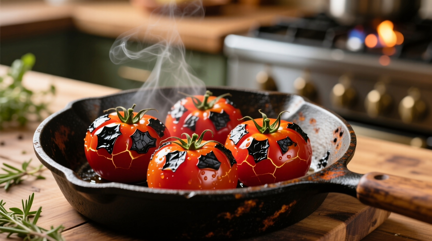 Freshly blistered tomatoes with charred skins in cast iron skillet