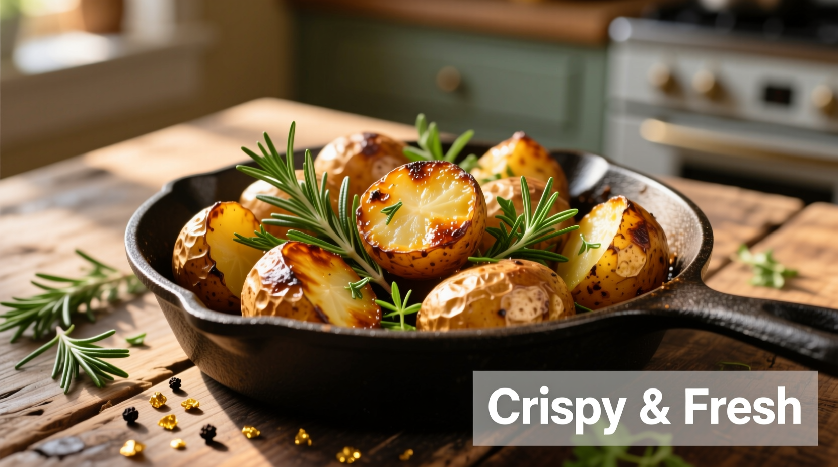 Golden roasted potatoes with crispy edges and fresh herbs