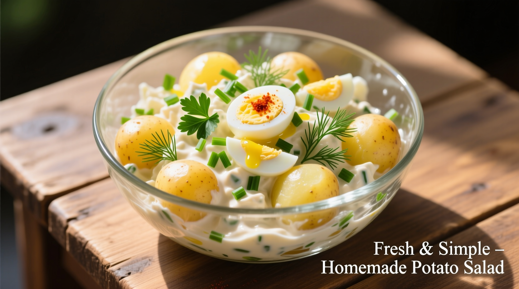 Creamy egg potato salad in glass bowl with fresh herbs