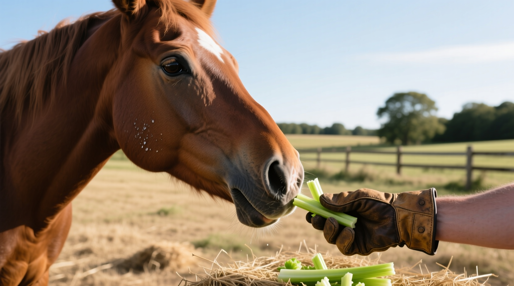 Horse safely eating chopped celery pieces from hand