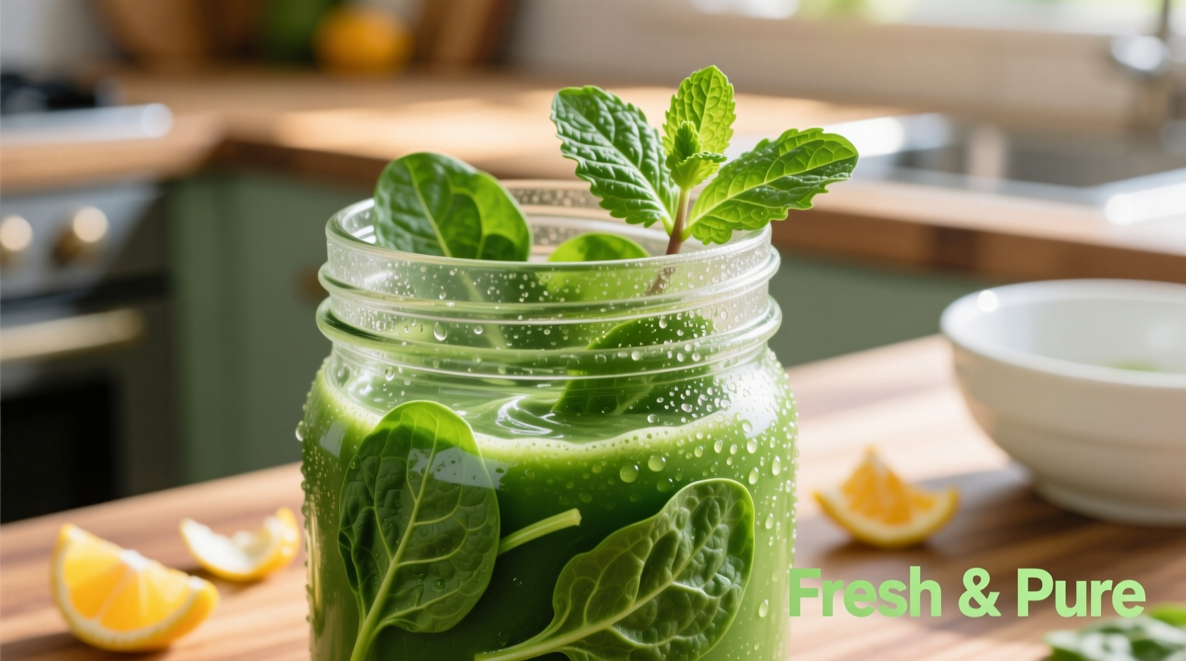 Vibrant green spinach smoothie in glass with fresh spinach leaves