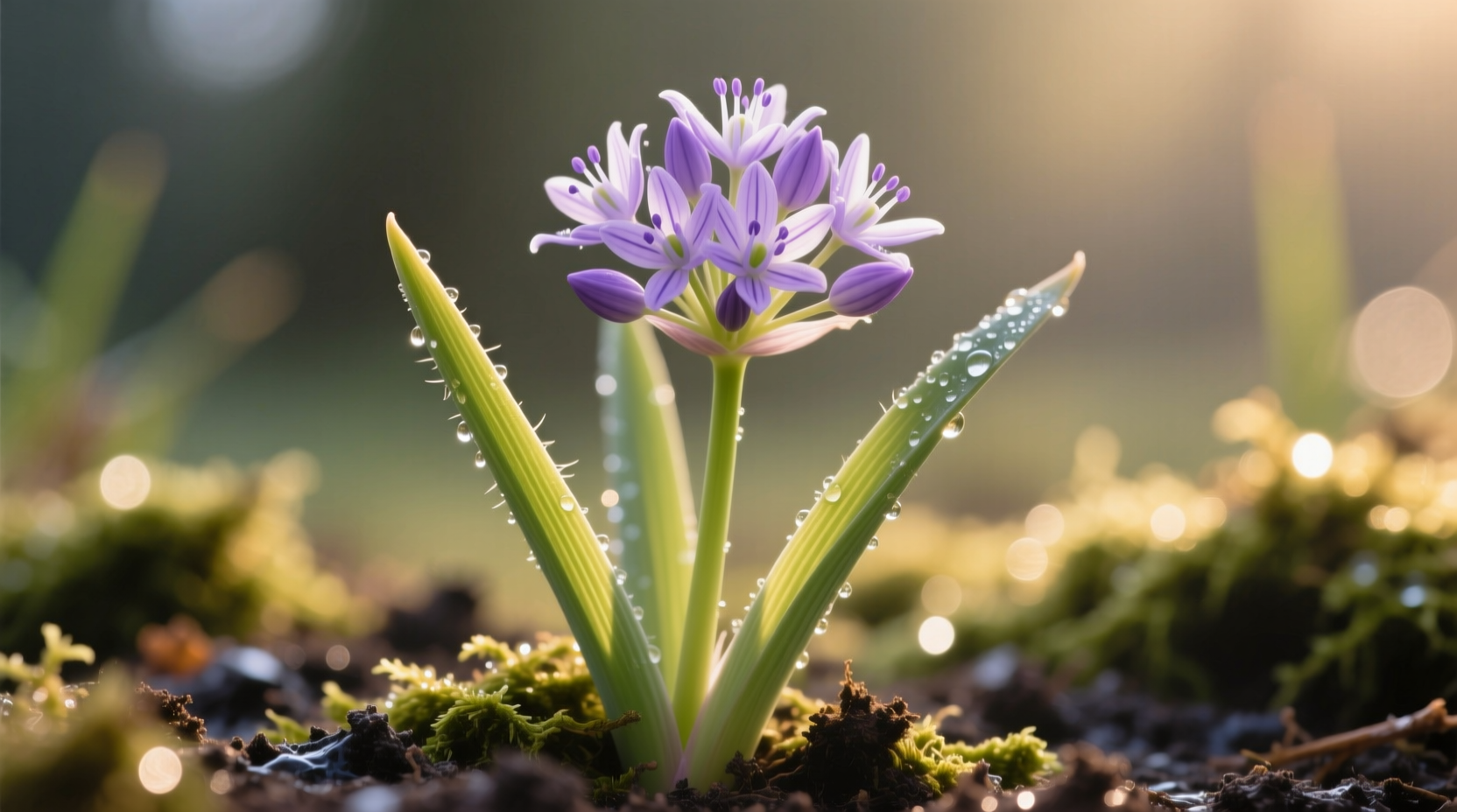 Close-up of wild onion grass with distinctive hollow leaves and purple flowers