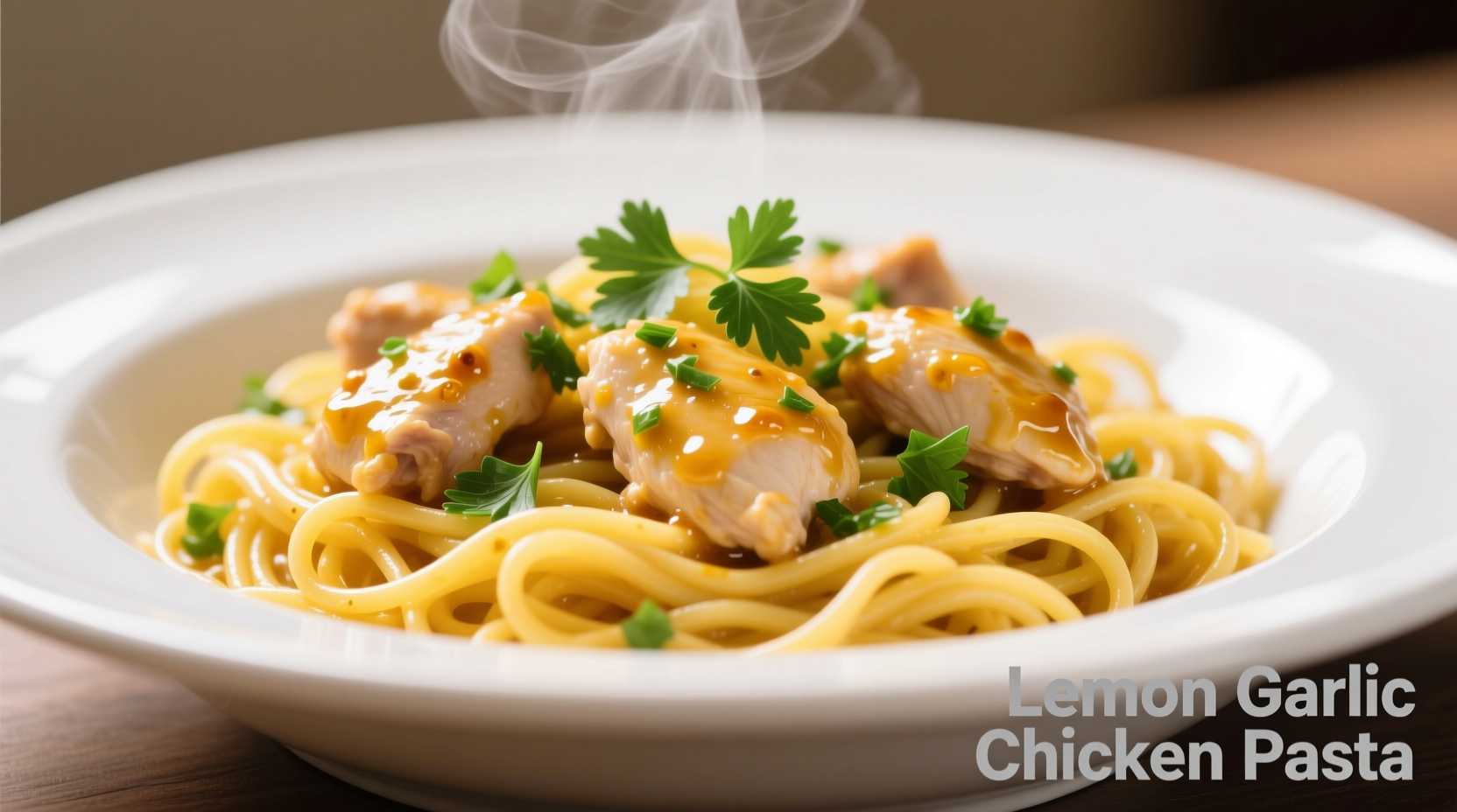 Lemon garlic chicken pasta in white bowl with fresh parsley