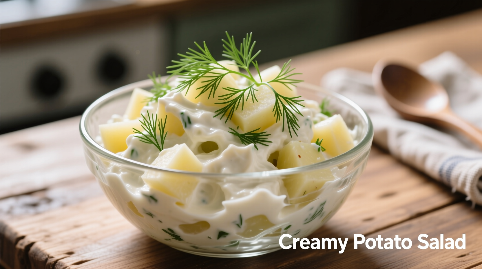 Creamy white potato salad in glass bowl with fresh dill garnish