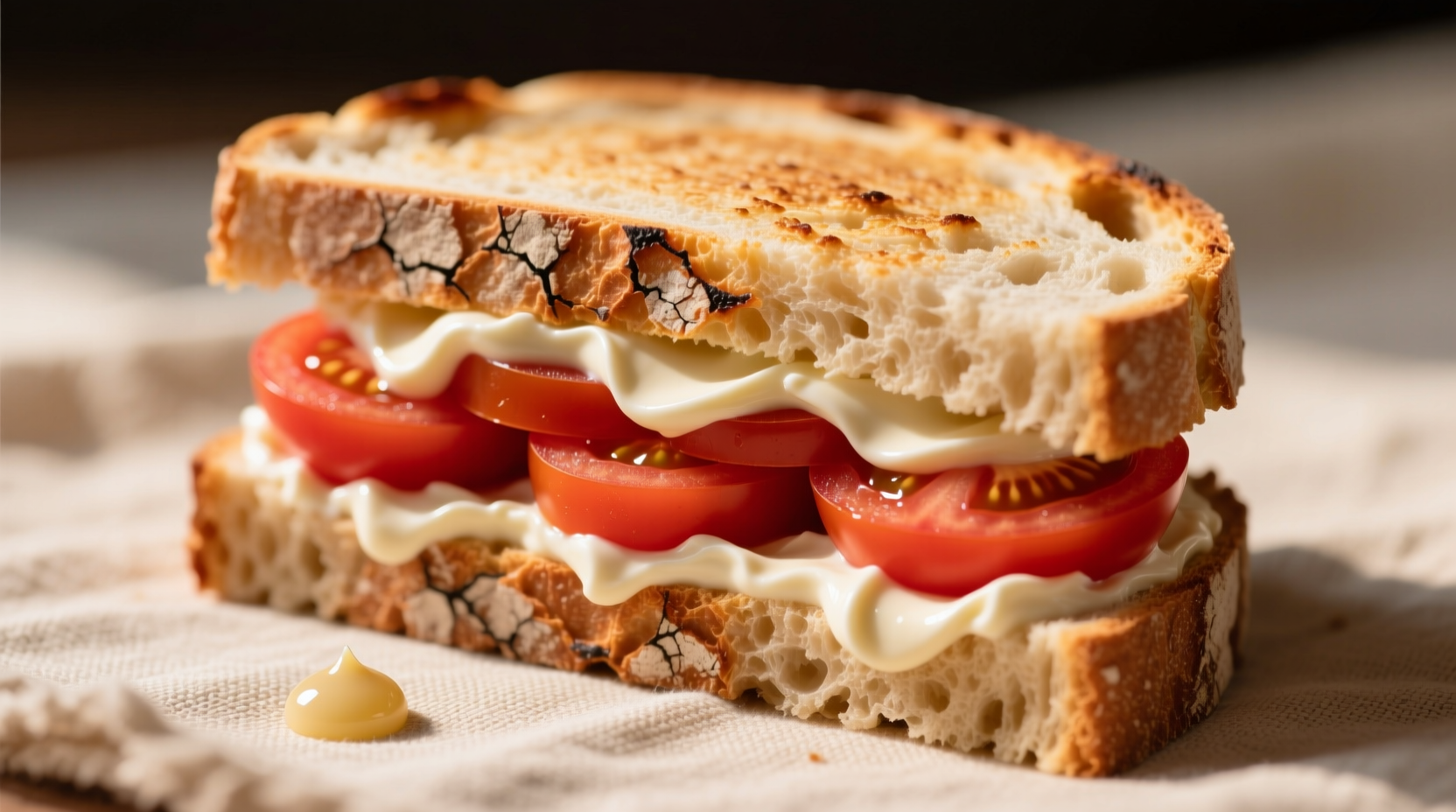 Perfectly layered tomato and mayo sandwich on artisan bread