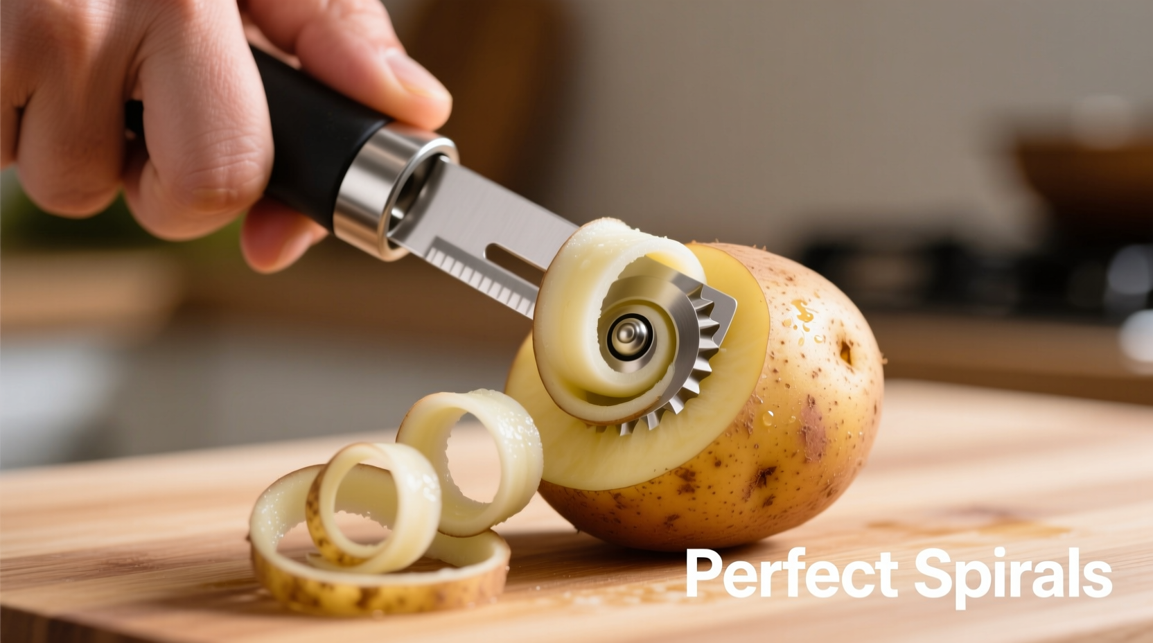 Hand using spiral cutter on russet potato creating perfect curls