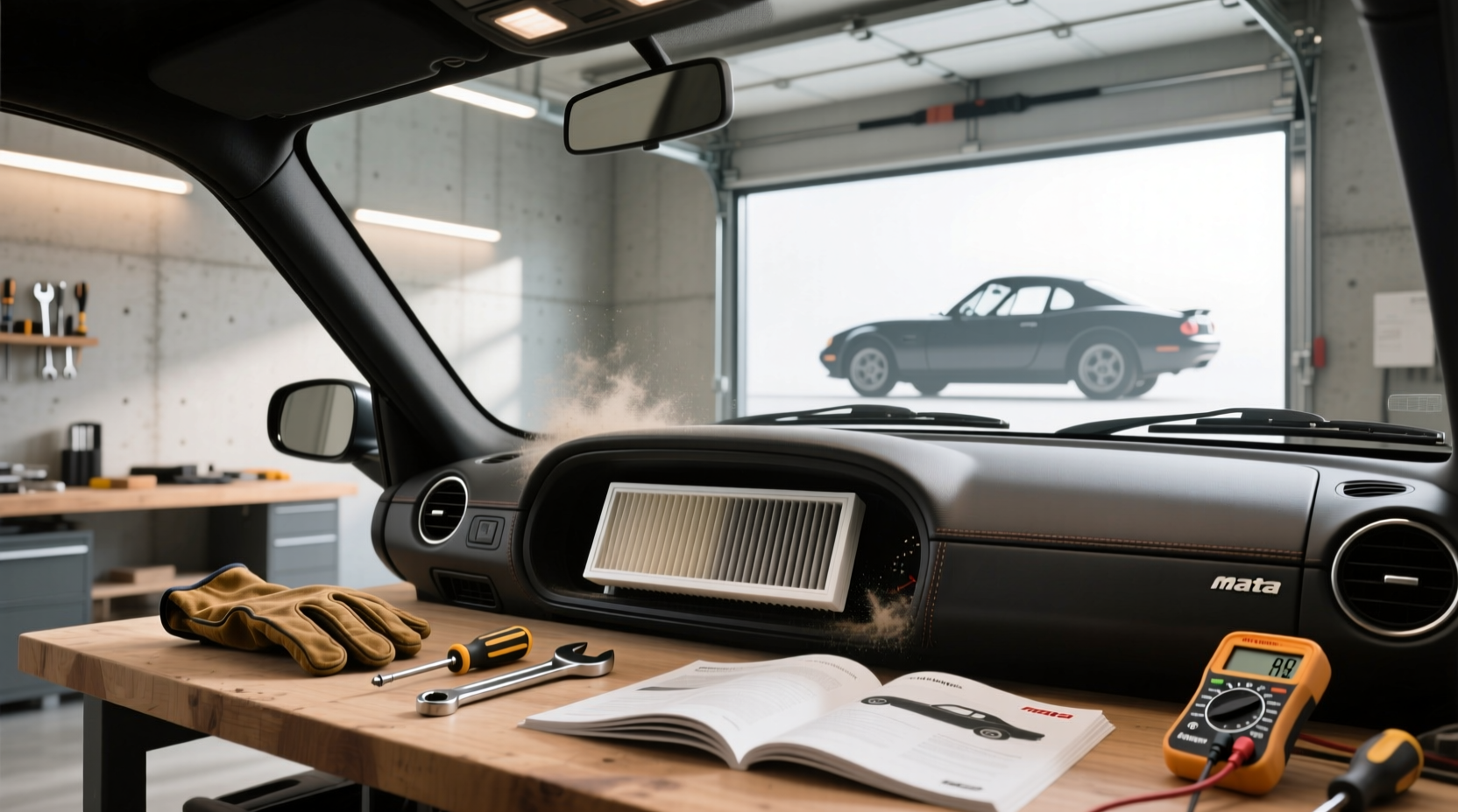NA Miata cowl area showing intake location under windshield wiper