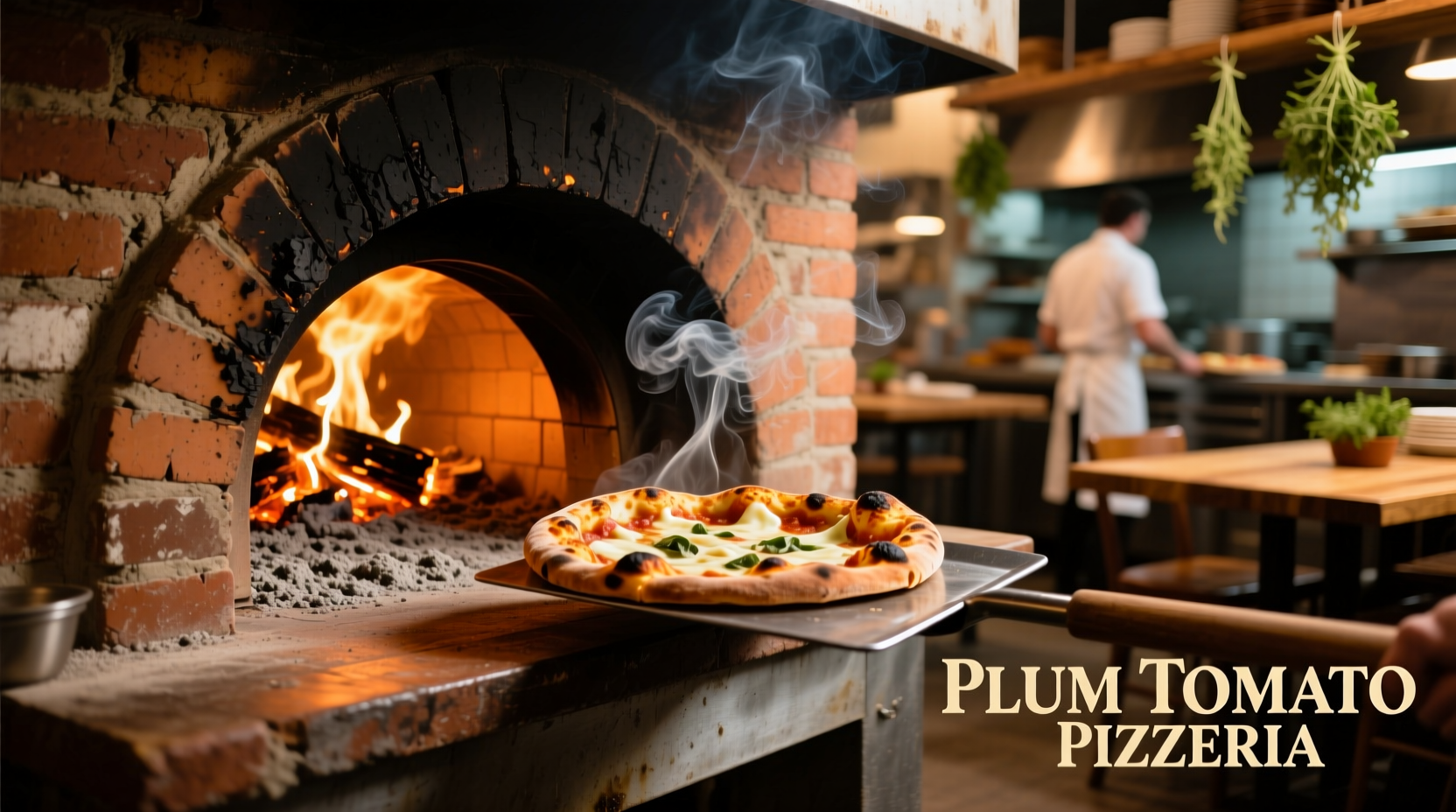 Wood-fired pizza oven at Plum Tomato Pizzeria