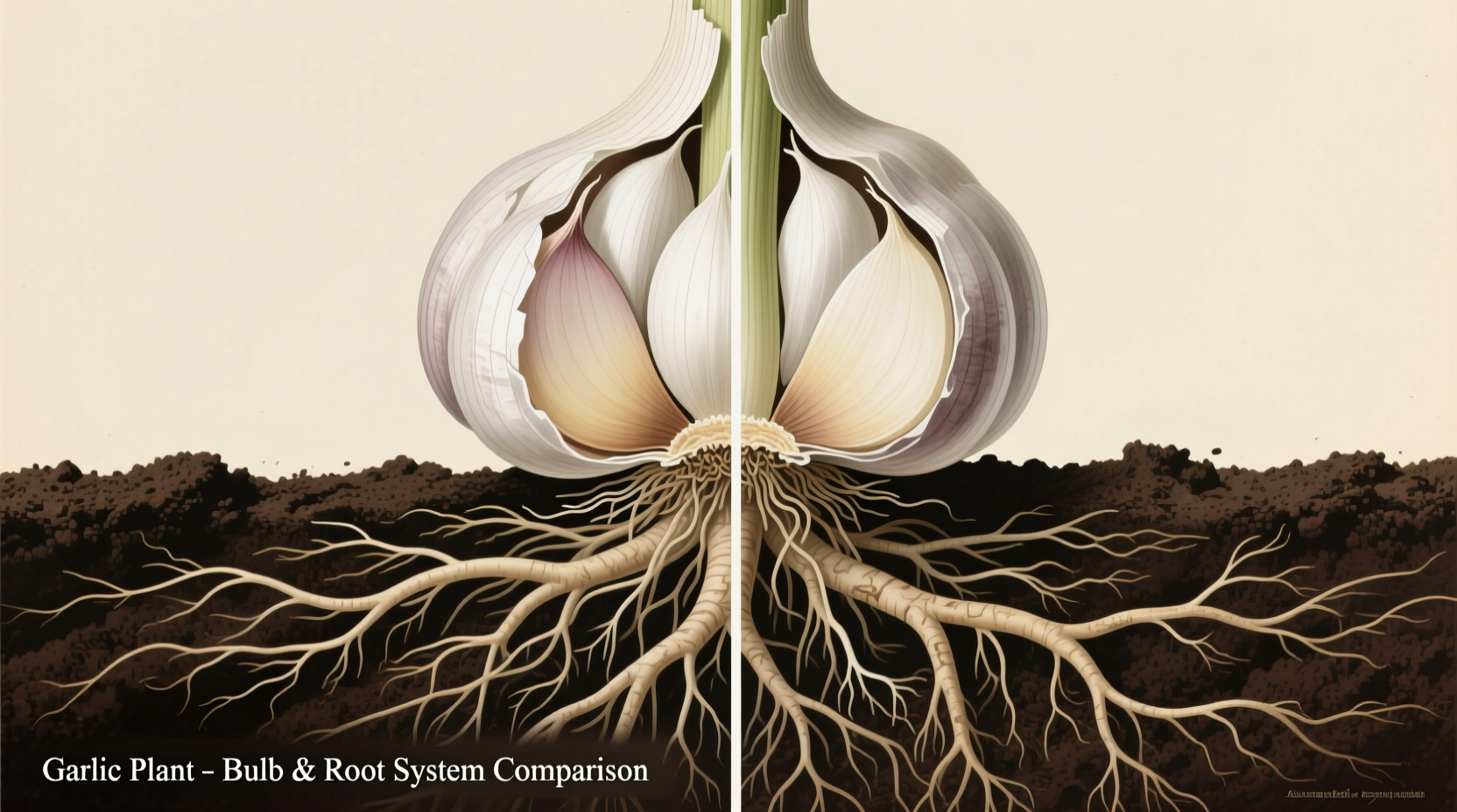 Garlic plant showing bulb and root system comparison