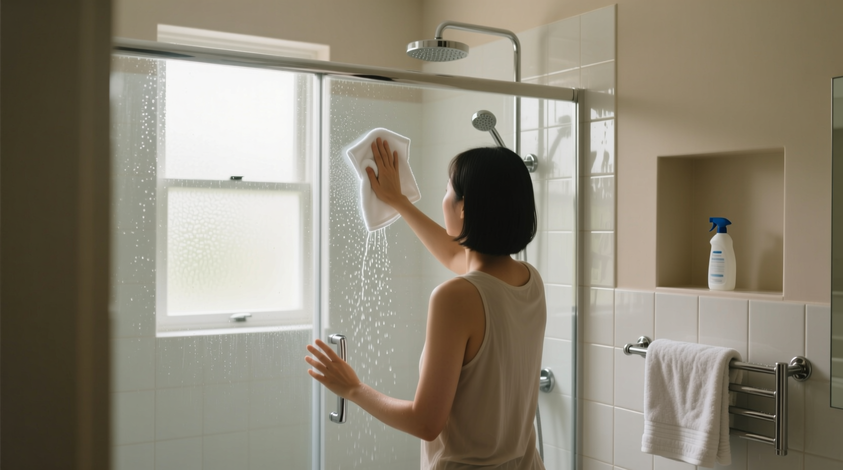 cleaning shower with towel