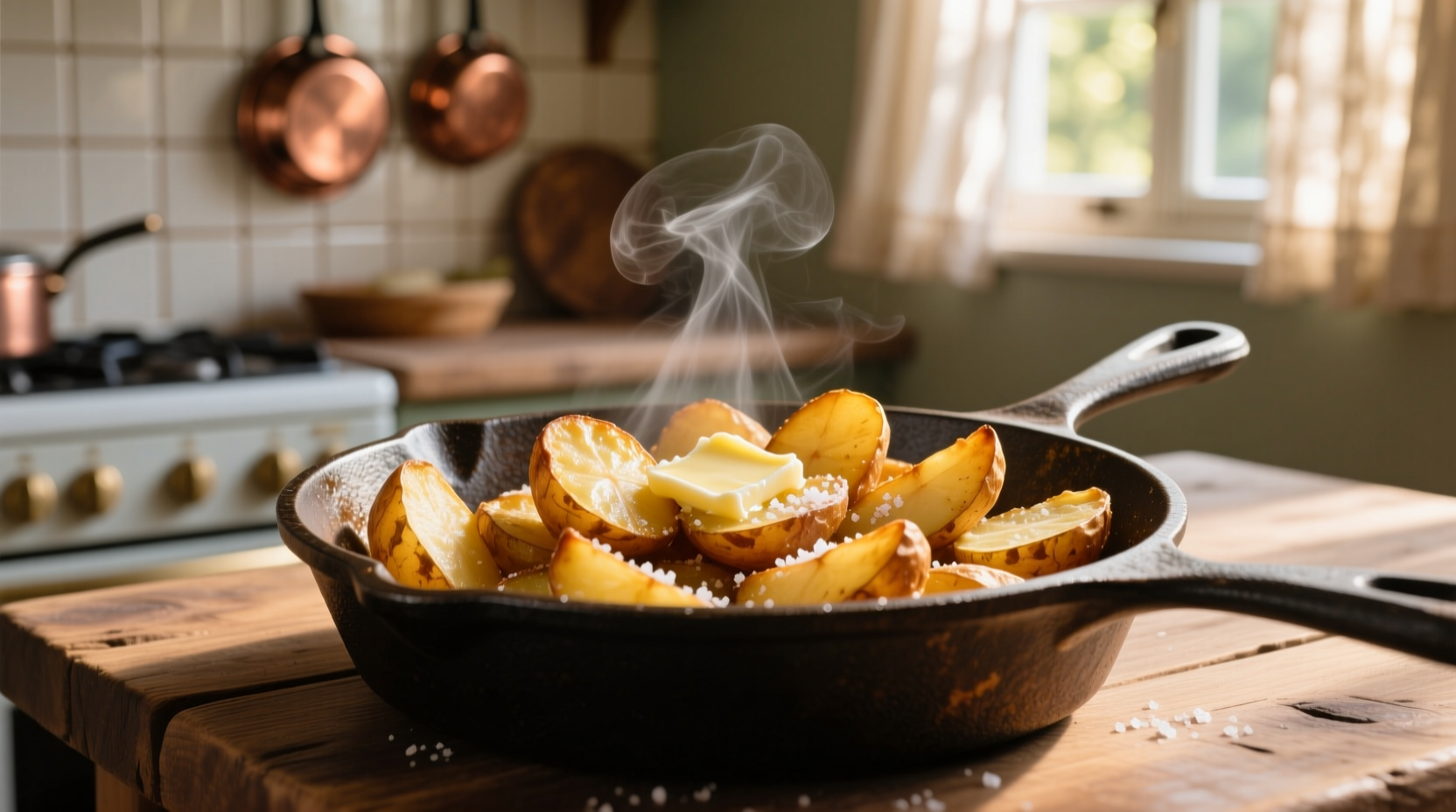 Freshly fried golden potatoes in cast iron skillet