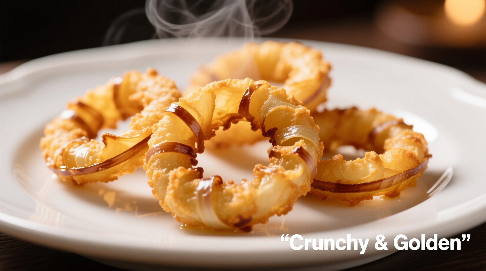 Close-up of golden crispy onion rings on white plate