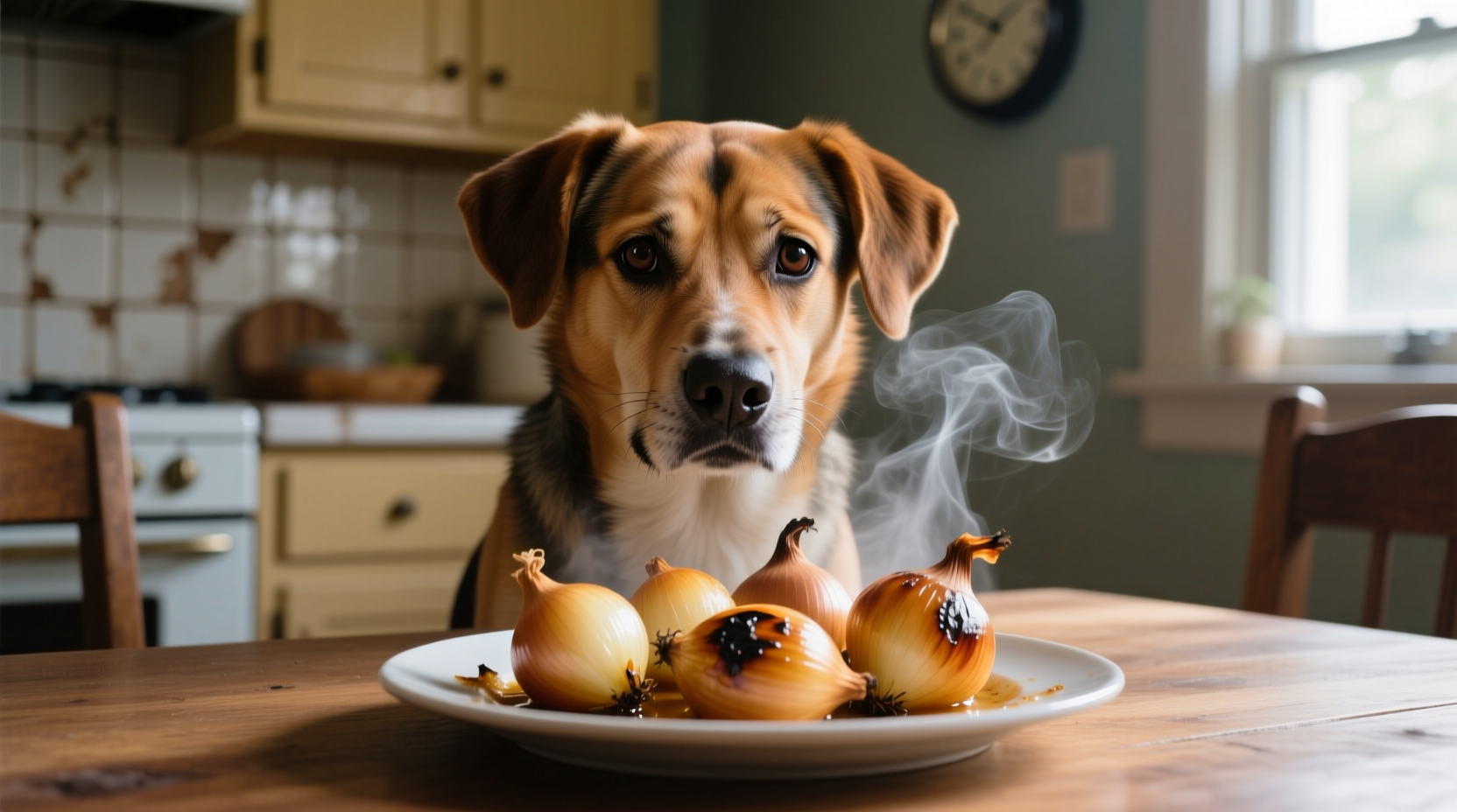 Dog looking concerned near cooked onions on plate