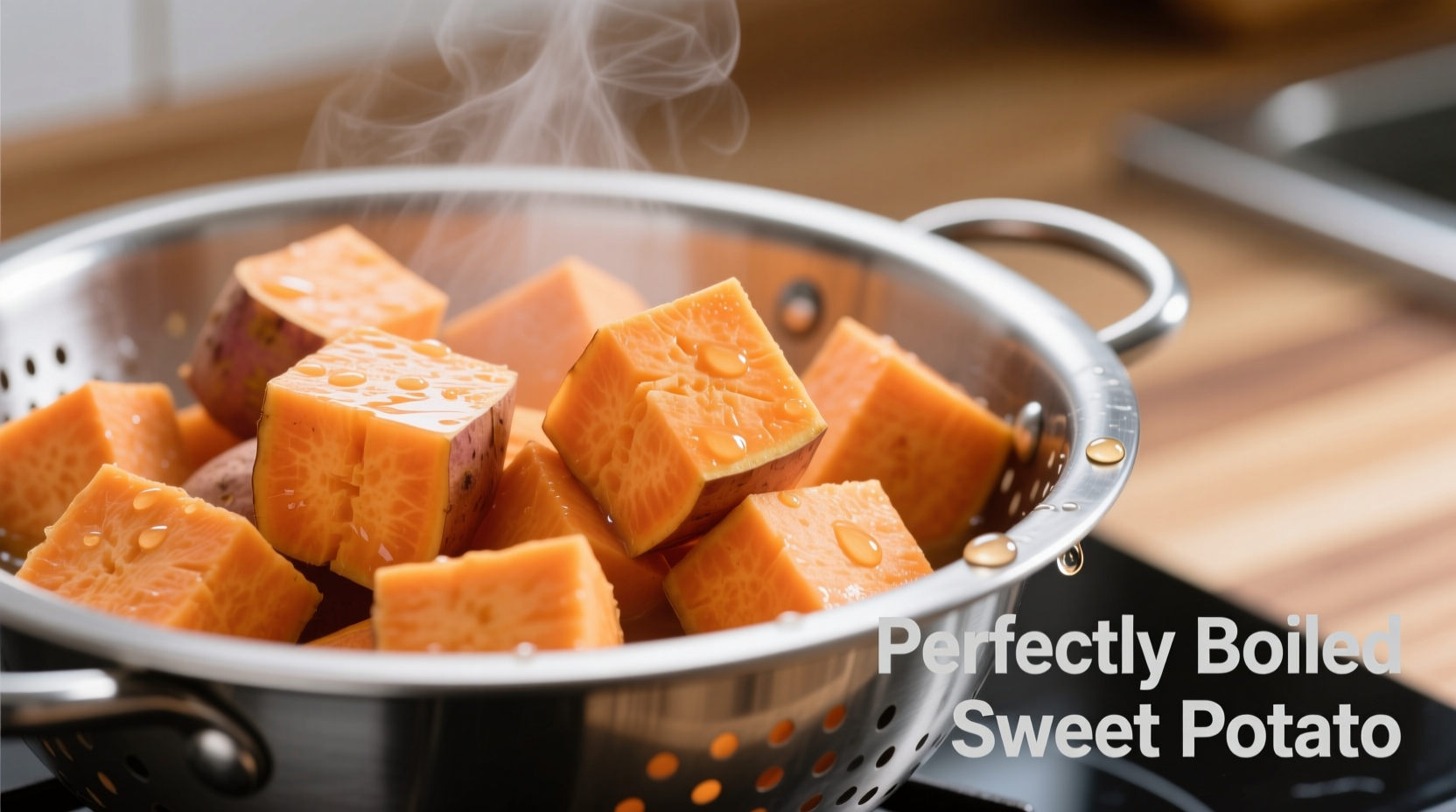 Perfectly boiled sweet potato cubes in colander