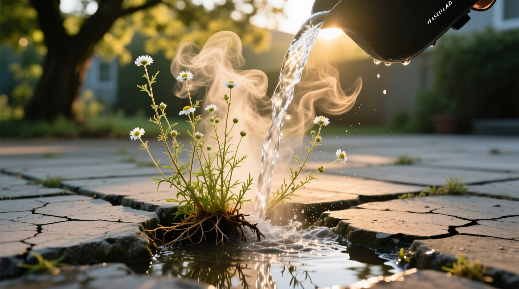 Pouring boiling water on weeds between patio stones