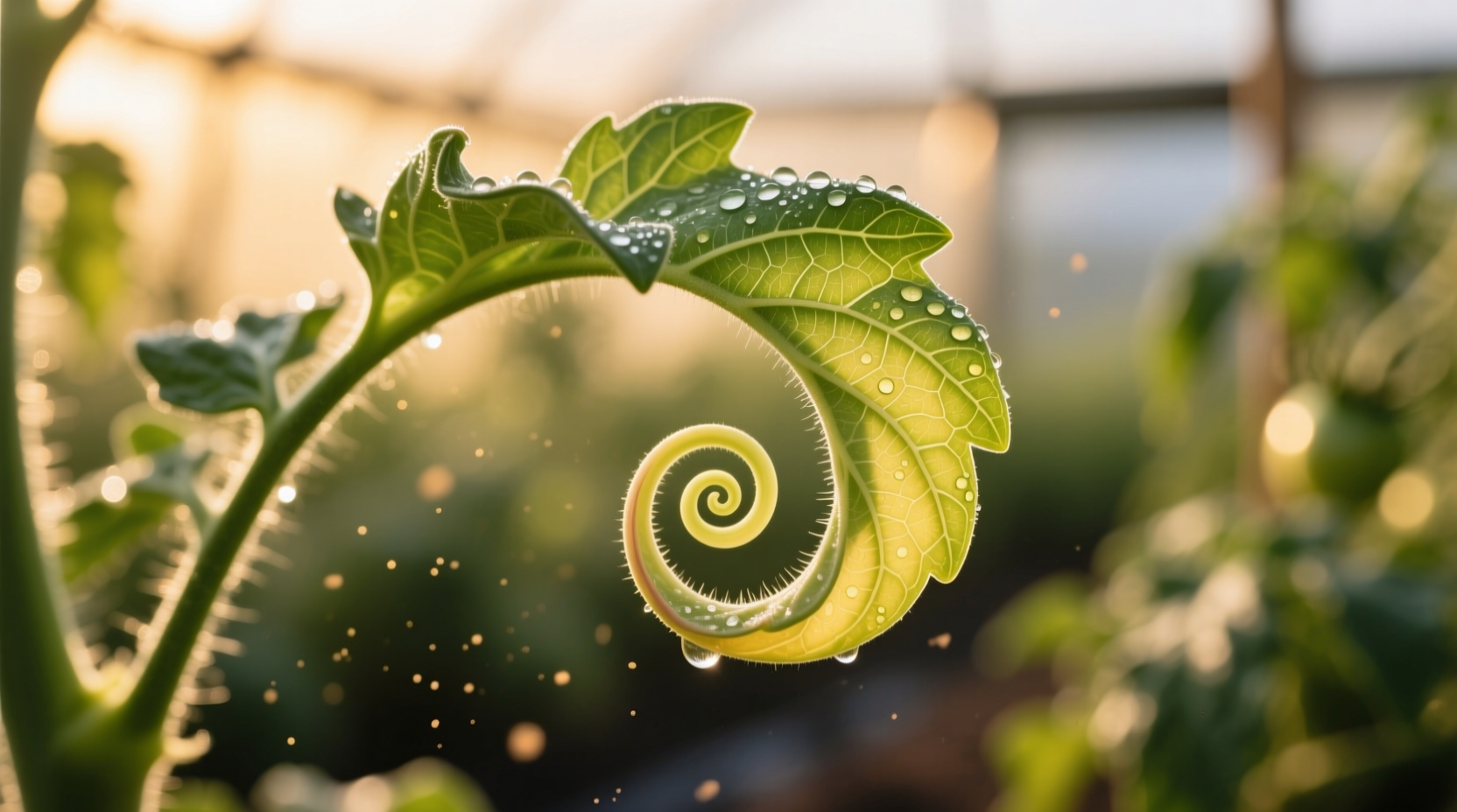 Close-up of tomato leaf showing upward curling pattern
