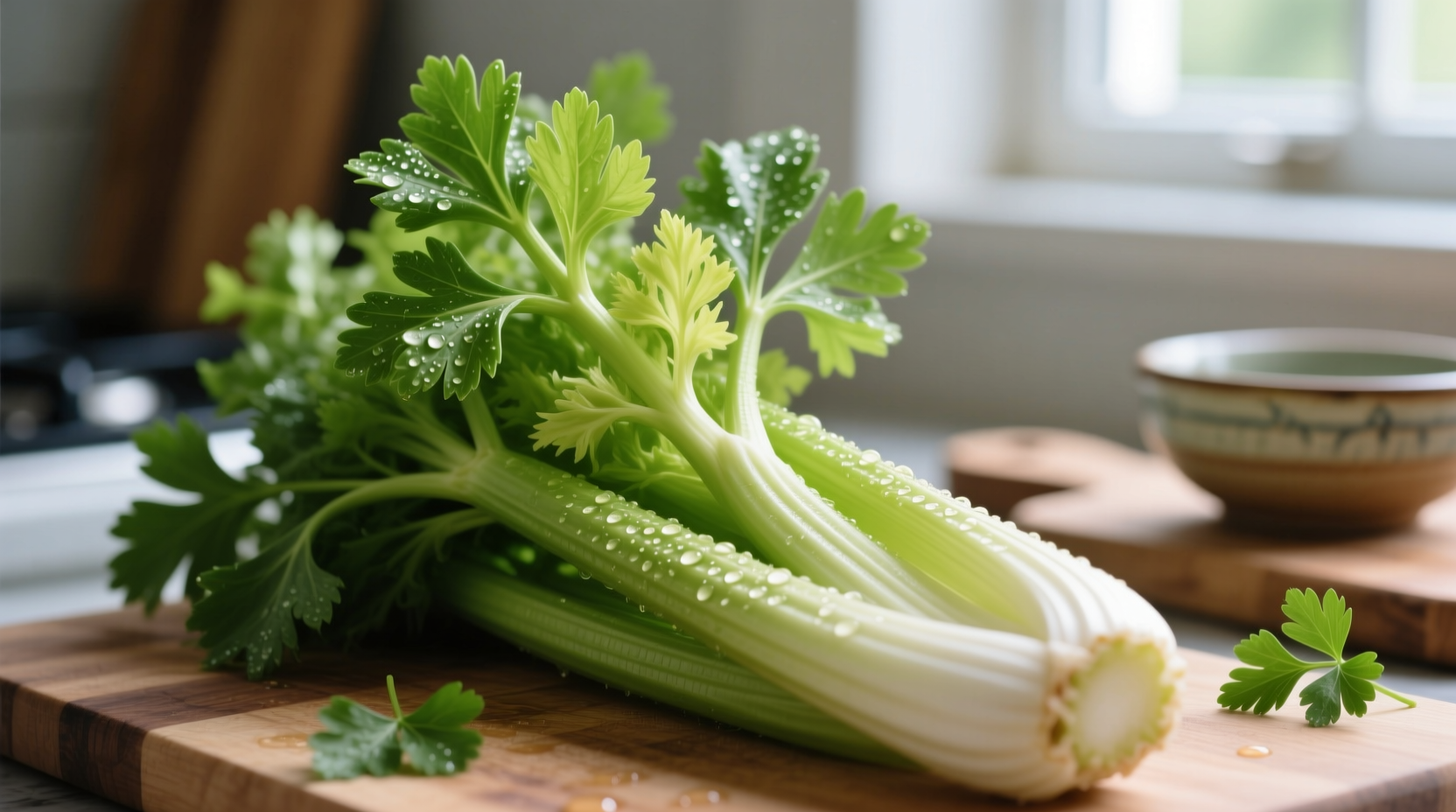 Fresh celery stalks with crisp ribs and green leaves