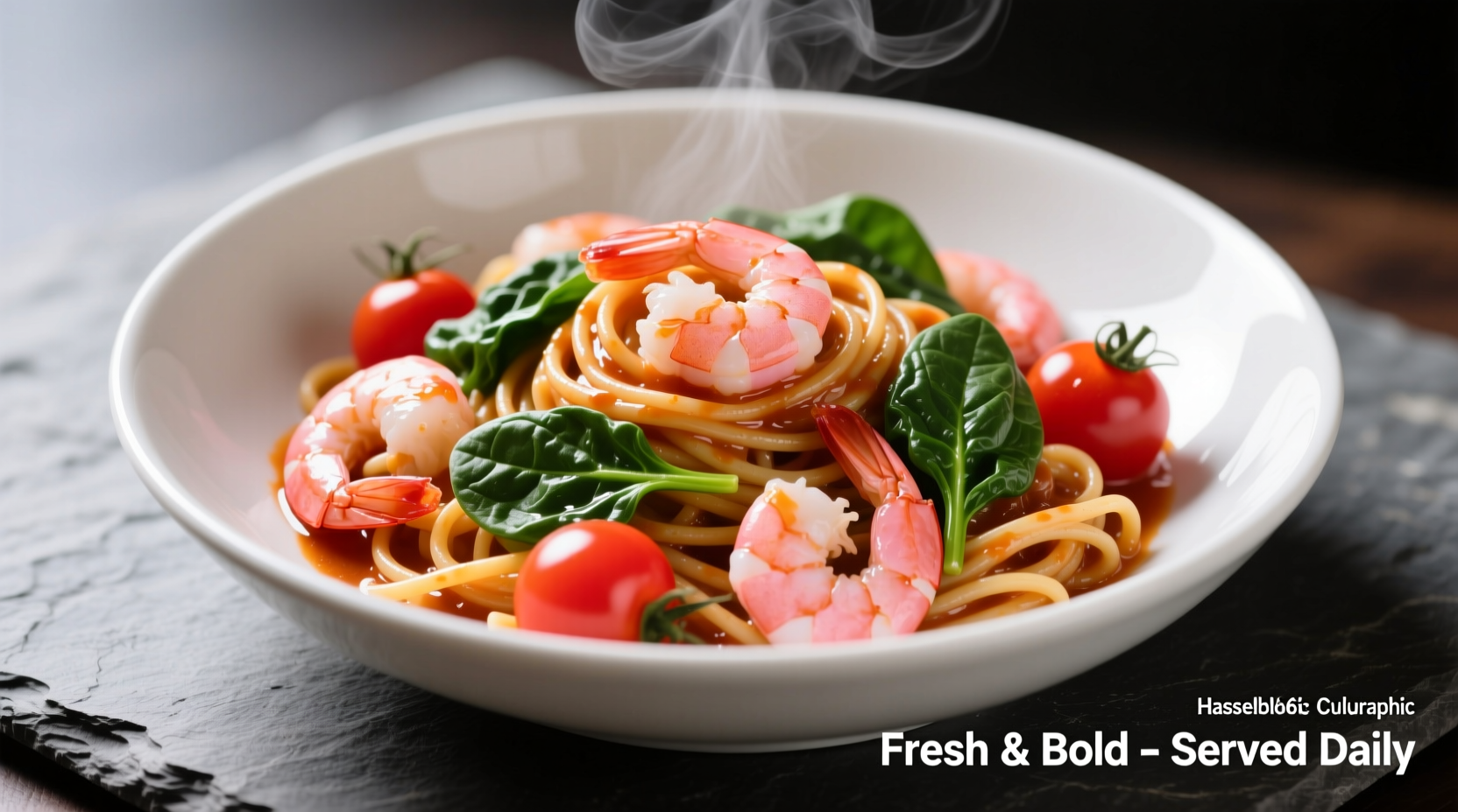 Vibrant tomato spinach shrimp pasta in white bowl