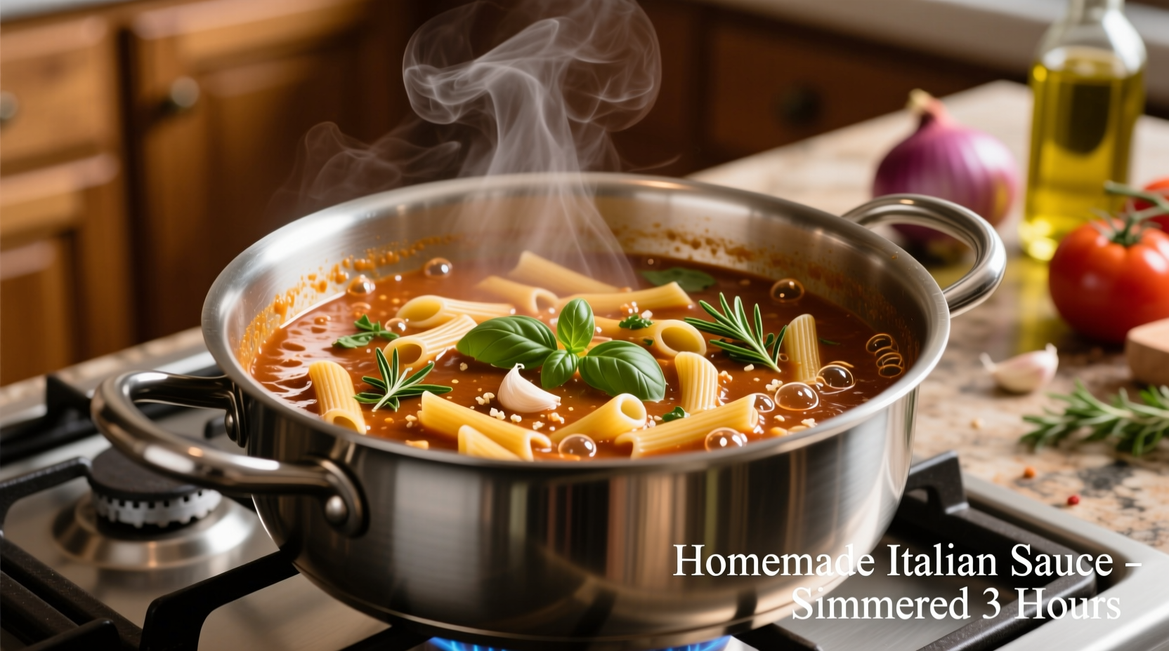 Homemade pasta sauce simmering in stainless steel pot