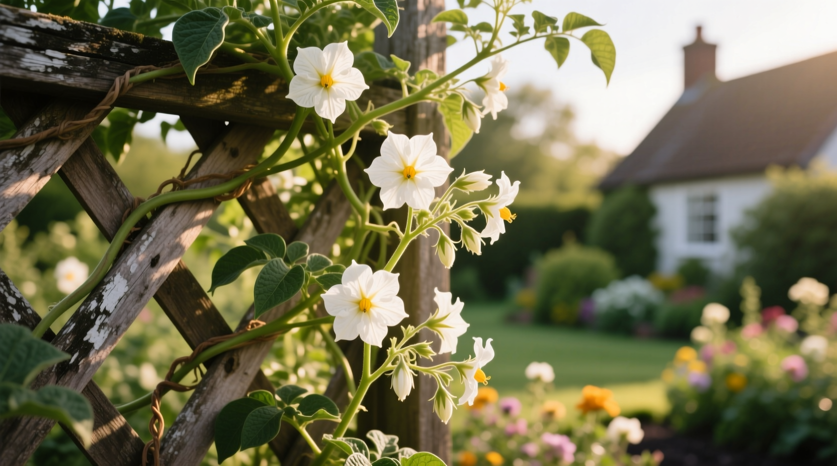 White flowered potato vine climbing a garden trellis