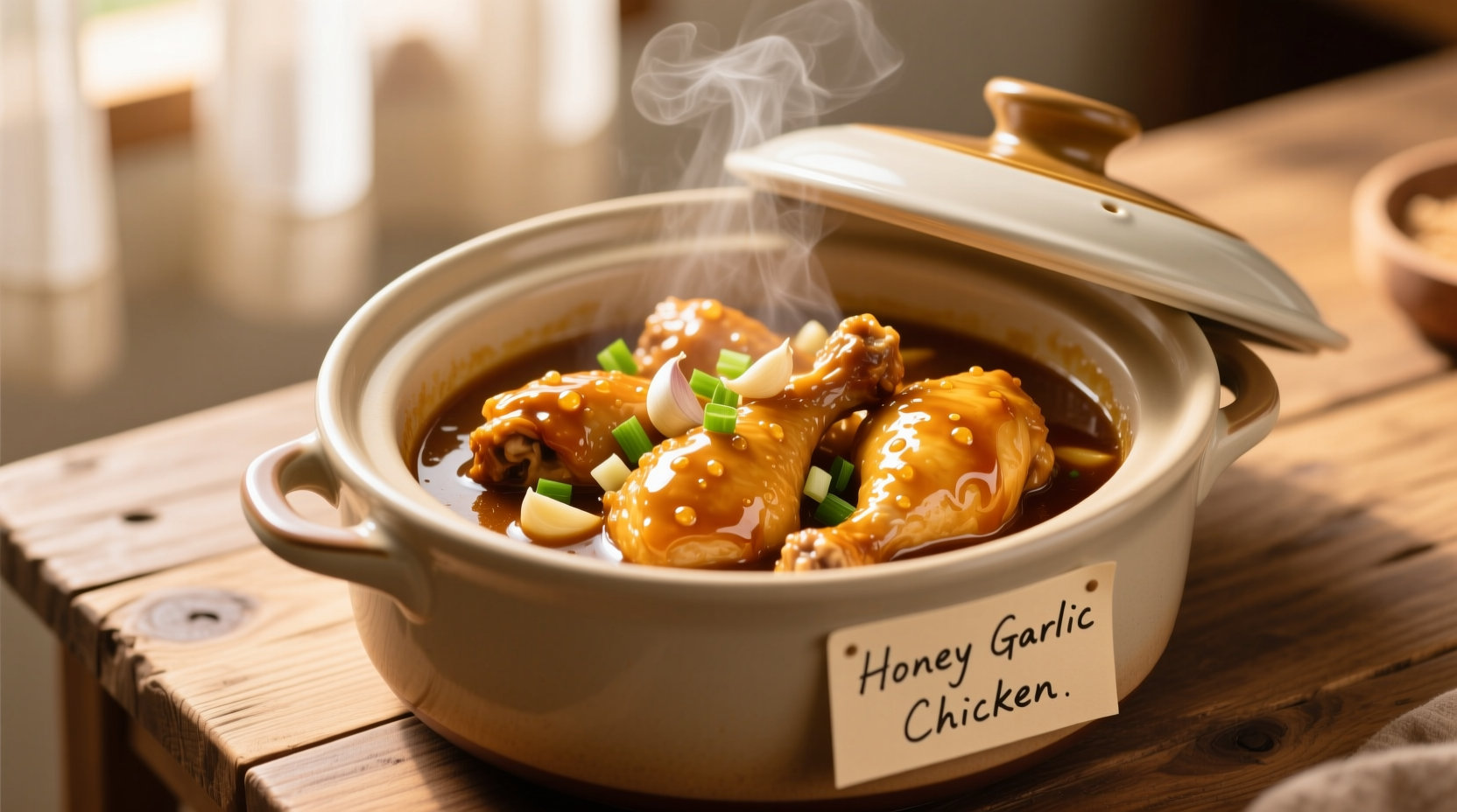 Slow cooker filled with golden honey garlic chicken