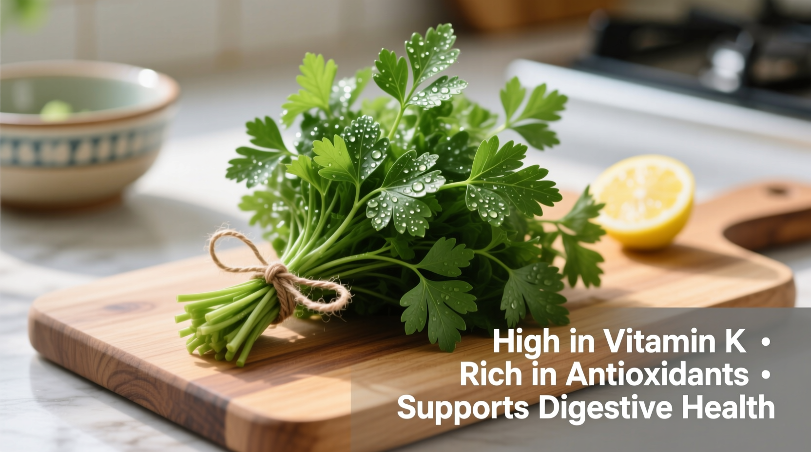 Fresh parsley bunch with nutritional highlights