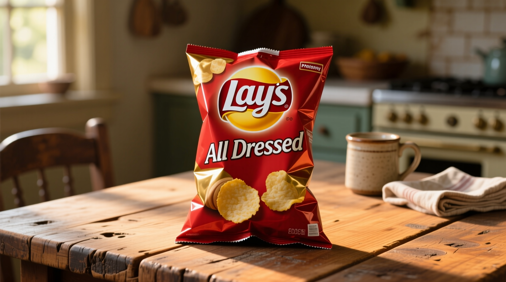 Lay's All Dressed potato chips bag on wooden table