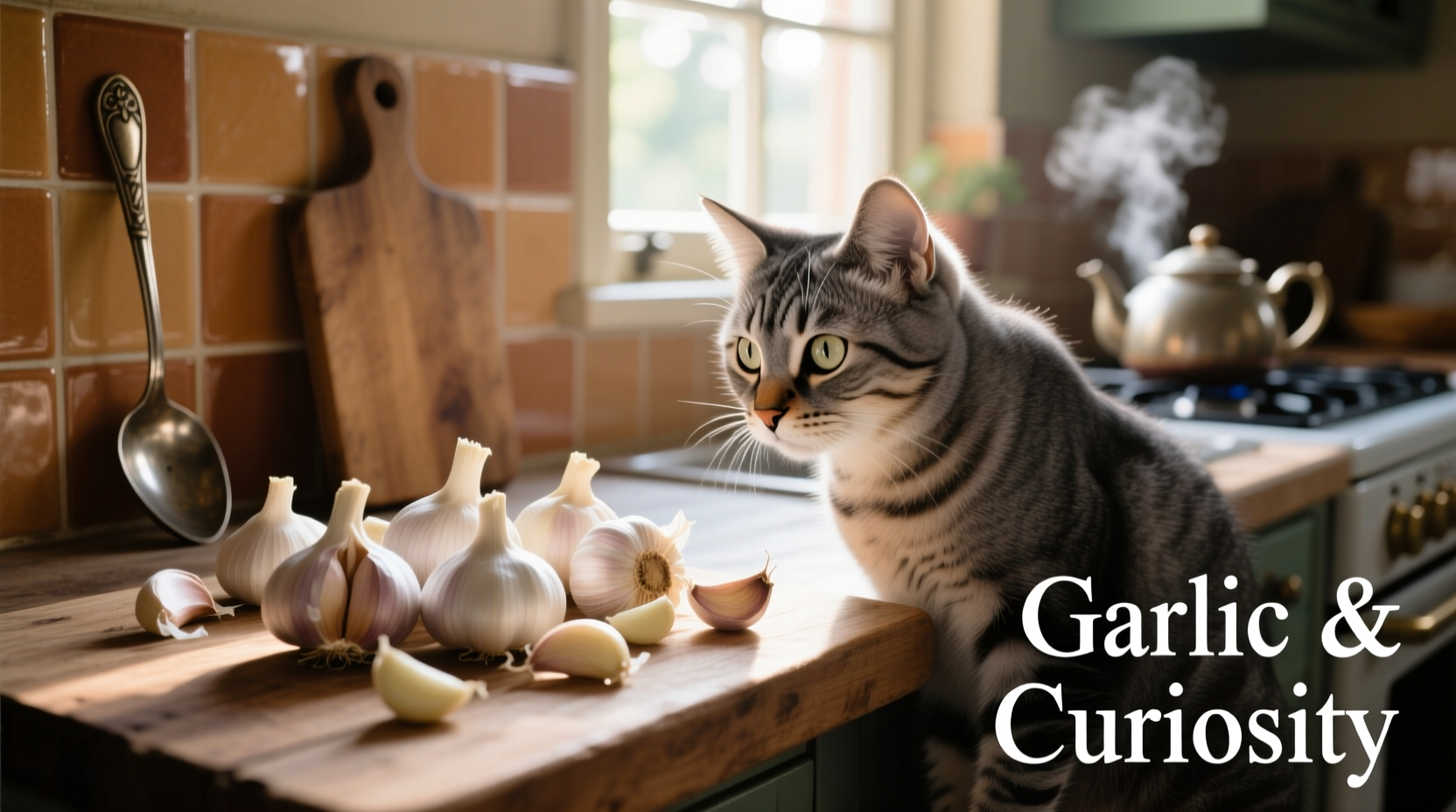 Cat looking at garlic on kitchen counter