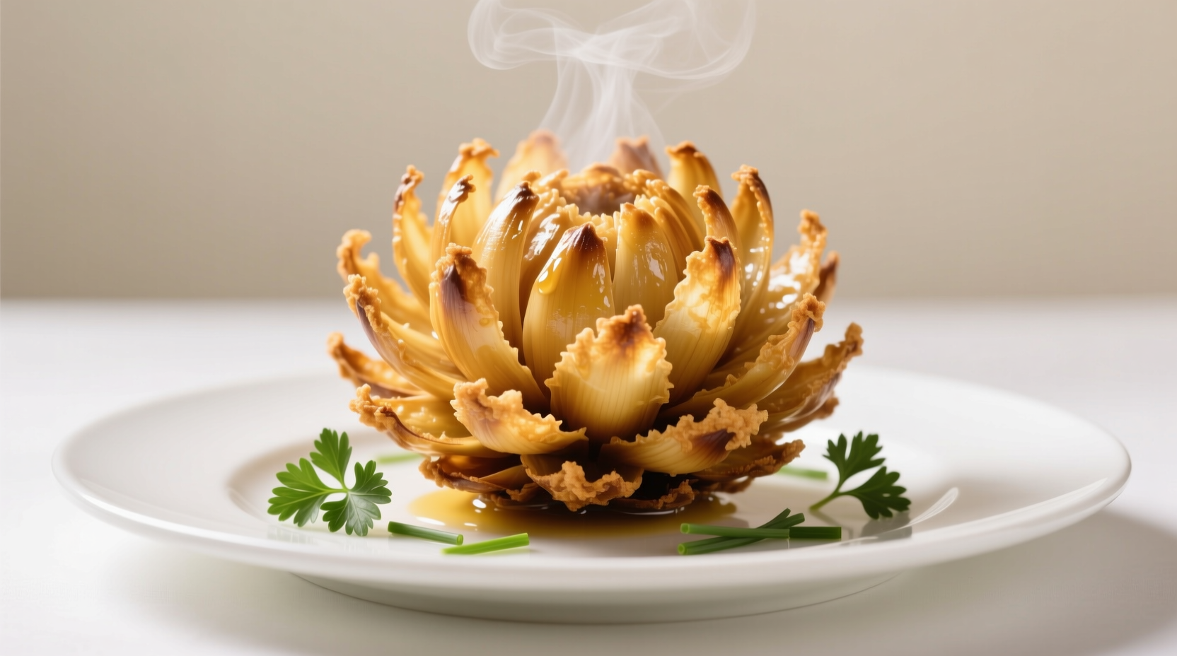 Freshly prepared bloomin onion on white plate