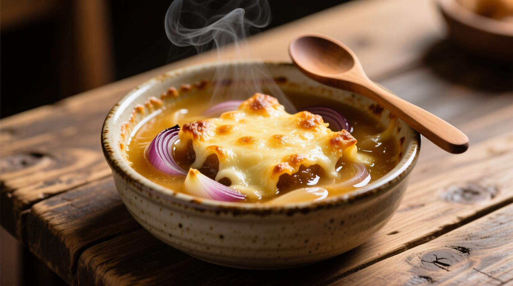 Kirkland Signature French onion soup in bowl with melted cheese