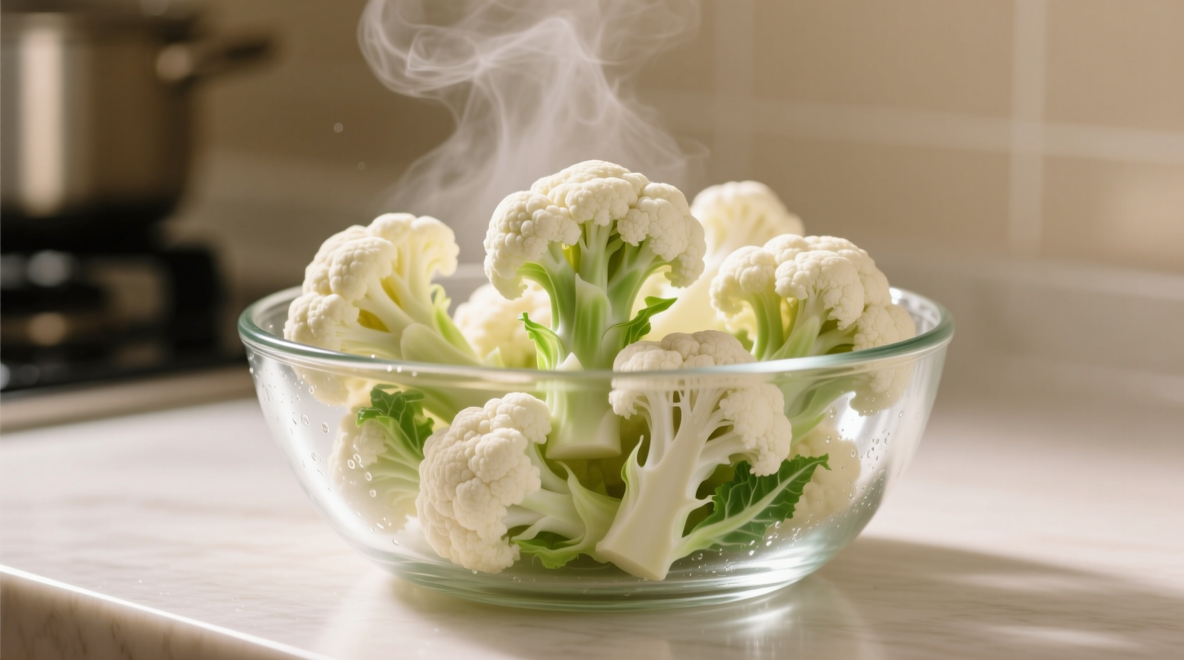 Fresh cauliflower florets in microwave-safe bowl