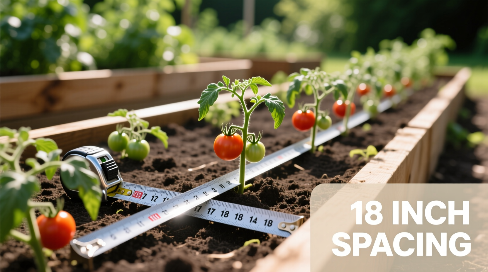 Tomato plants properly spaced in garden bed with measuring tape