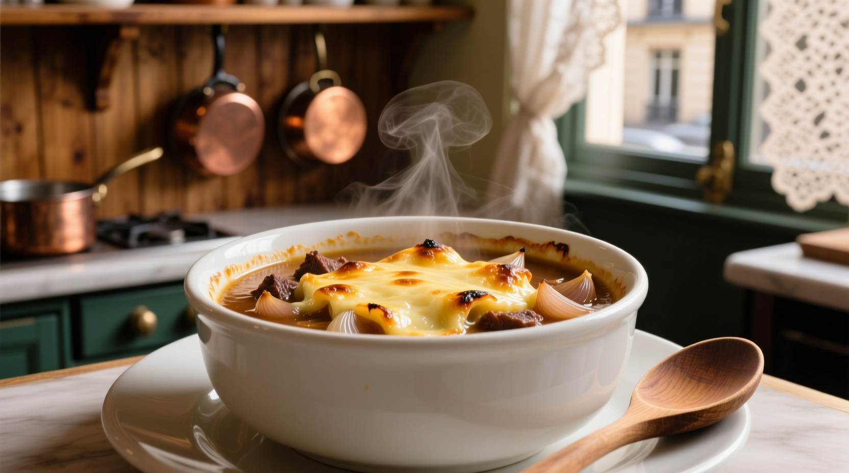 French onion soup with melted cheese topping in white bowl