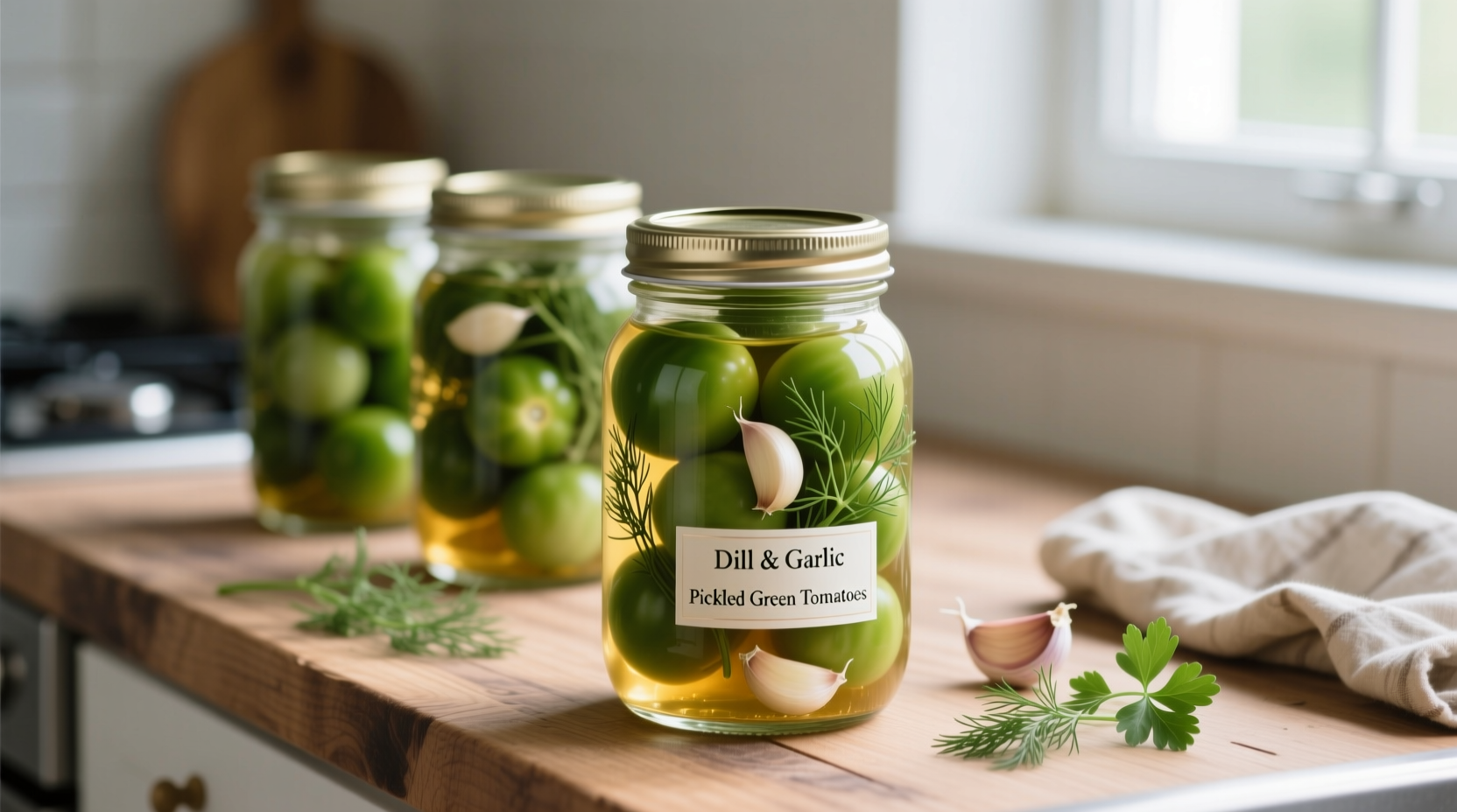 Freshly canned jars of pickled green tomatoes with dill and garlic