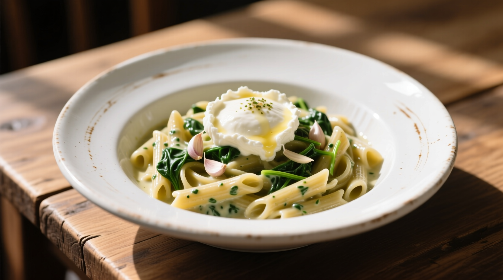 Creamy spinach pasta with garlic and ricotta in white bowl