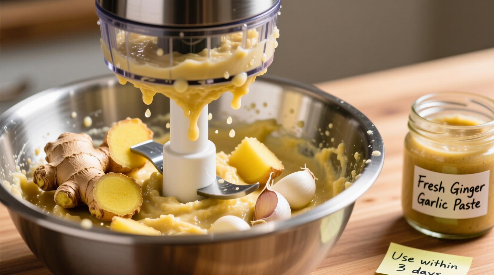Fresh ginger and garlic being blended into smooth paste
